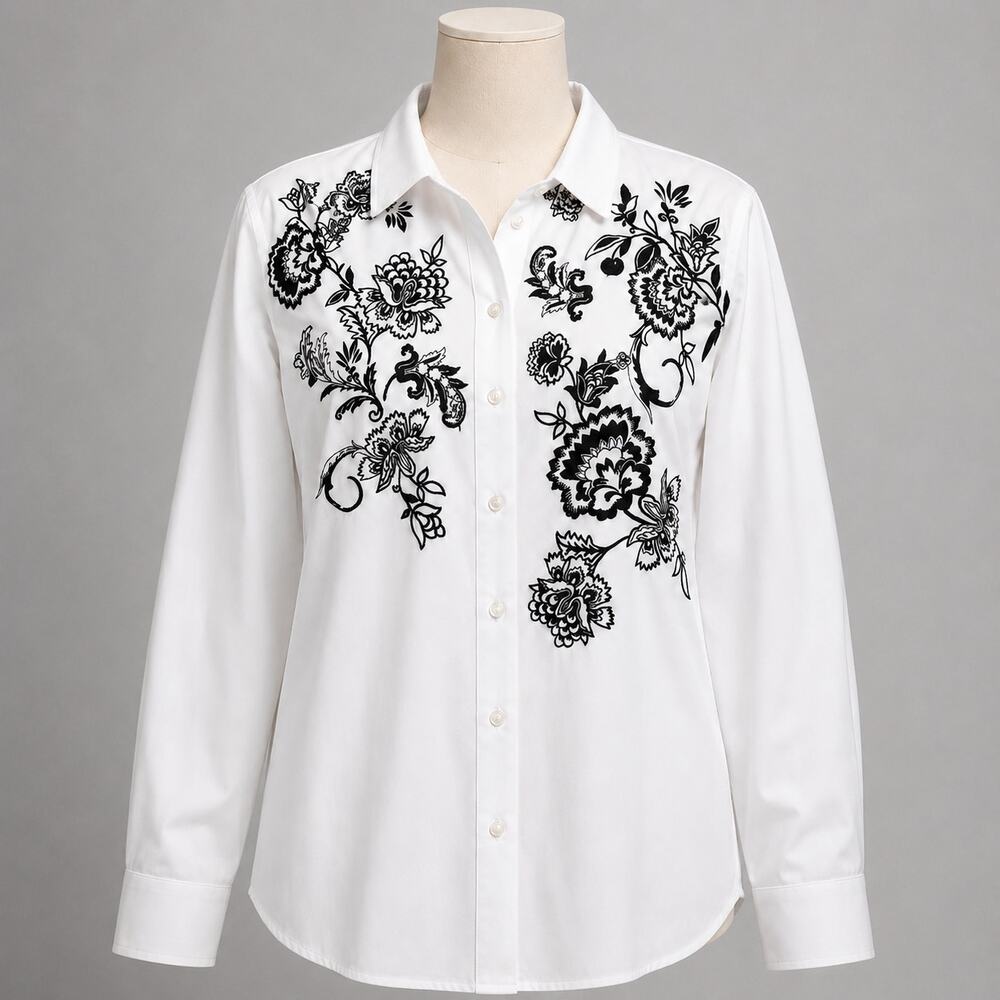 Chico's No Iron White Black Floral Embroidered Button Down Shirt US 16